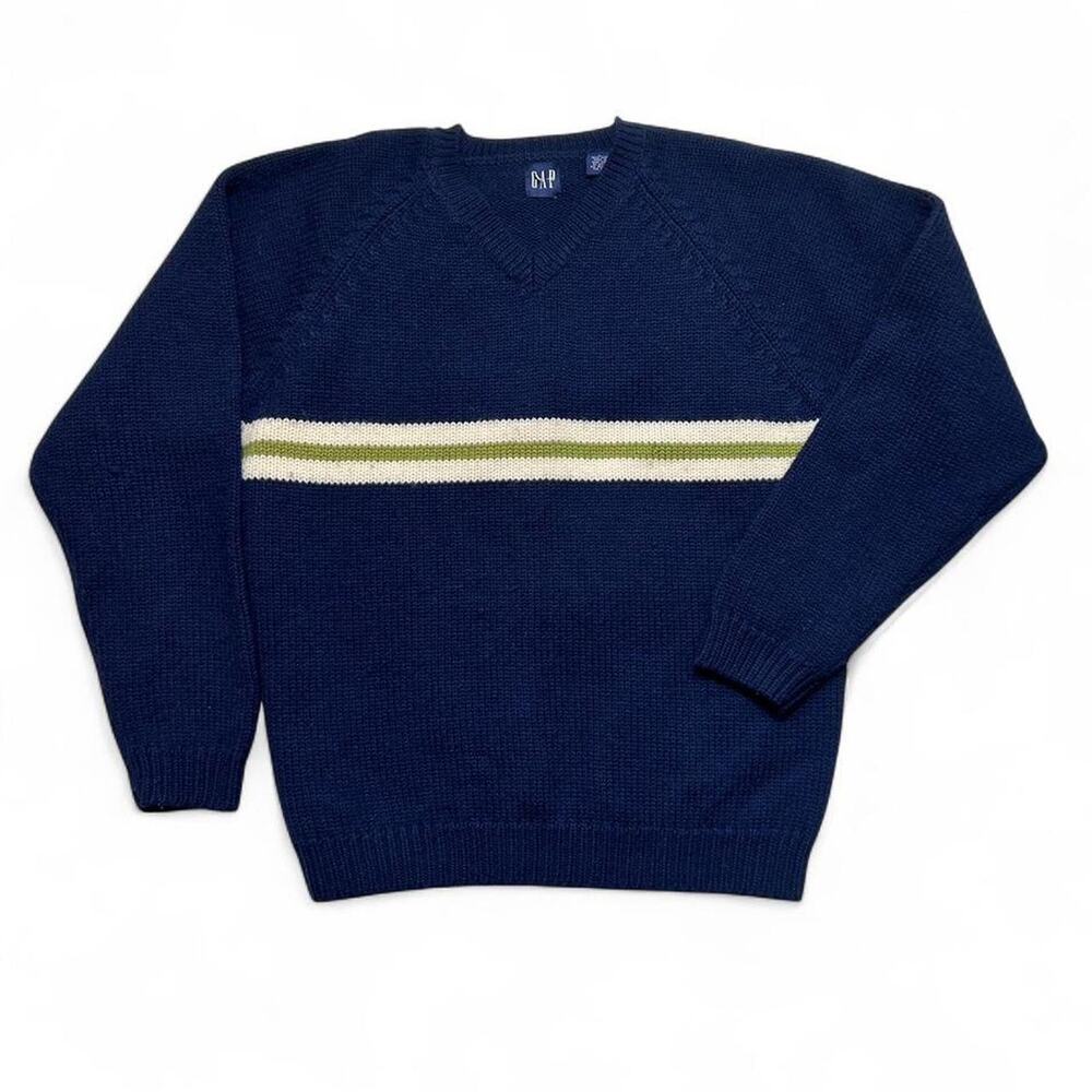 GAP Vintage 90s Navy Blue Knit Wool Yellow Stripe V-Neck Sweater Large
